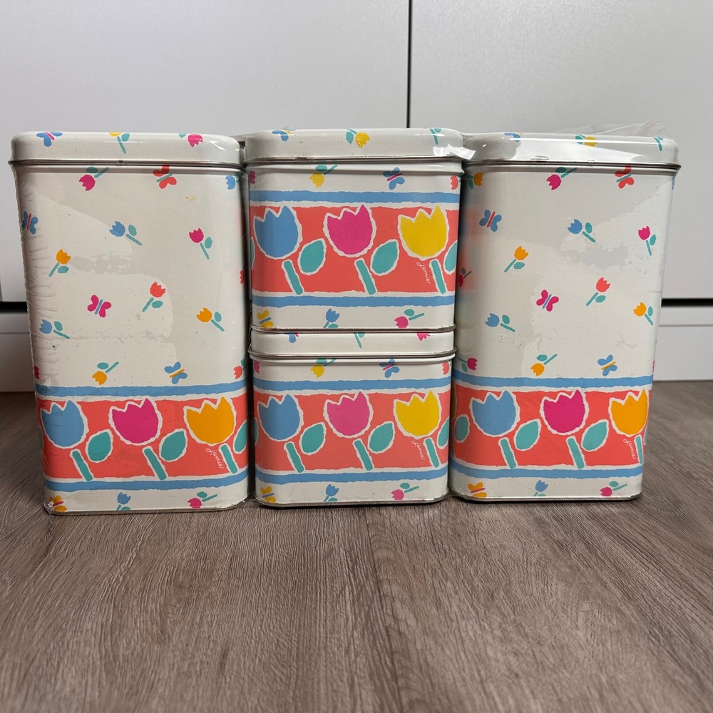New VTG Cheinco Tulip Butterfly Storage Tin Can Set‎ 4 Piece Retro Kitchen Decor